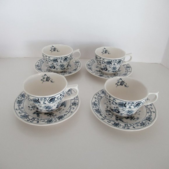 Nikko Tableware Japan White Blue Cup and Saucer Japan Ming Tree Pattern Set 8pcs - Picture 1 of 13